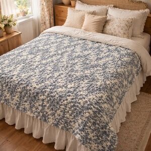 Cozy Cottagecore Blue, Grey and Cream Loosely Hand Knitted Blanket